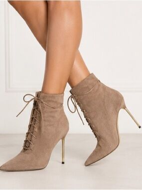 Taupe Lace Up Pointed Toe Stiletto Booties Size 8 Good American Scandal NWB